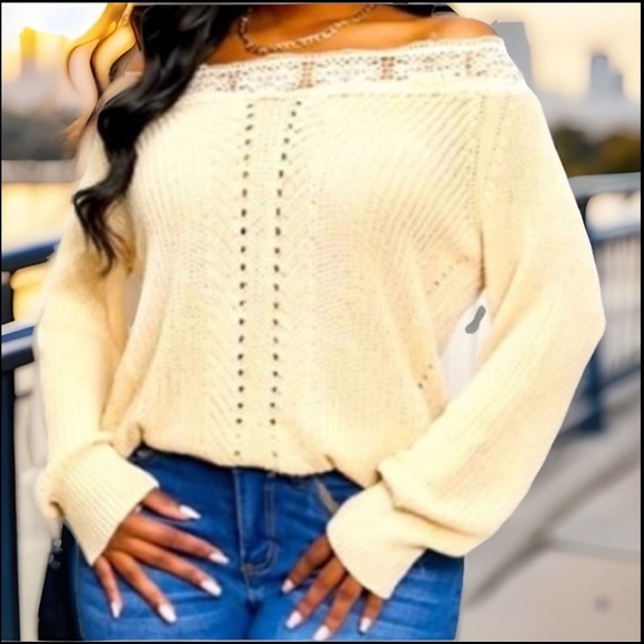 Unique Apricot Lace Trim Neckline Off Shoulder Open Design Down Front Sweater - Picture 7 of 10